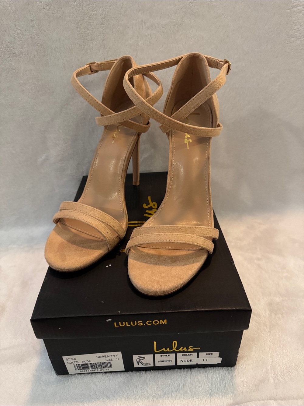Lulu's Nude Suede Strappy Ankle-Wrap Stiletto Sandals